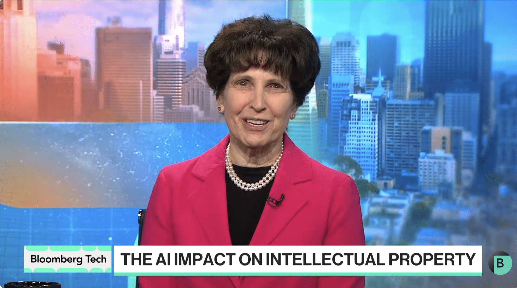Professor Robin felman in a suit discussing AI with Bloomberg.
